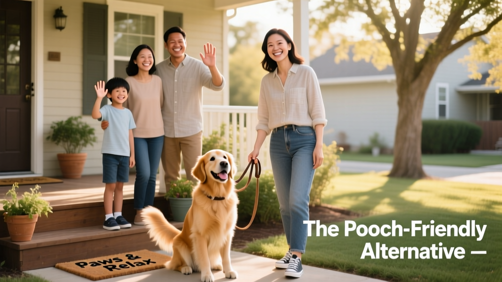 A smiling family waving goodbye to a friendly pet sitter standing on their front porch with their dog happily sitting beside her