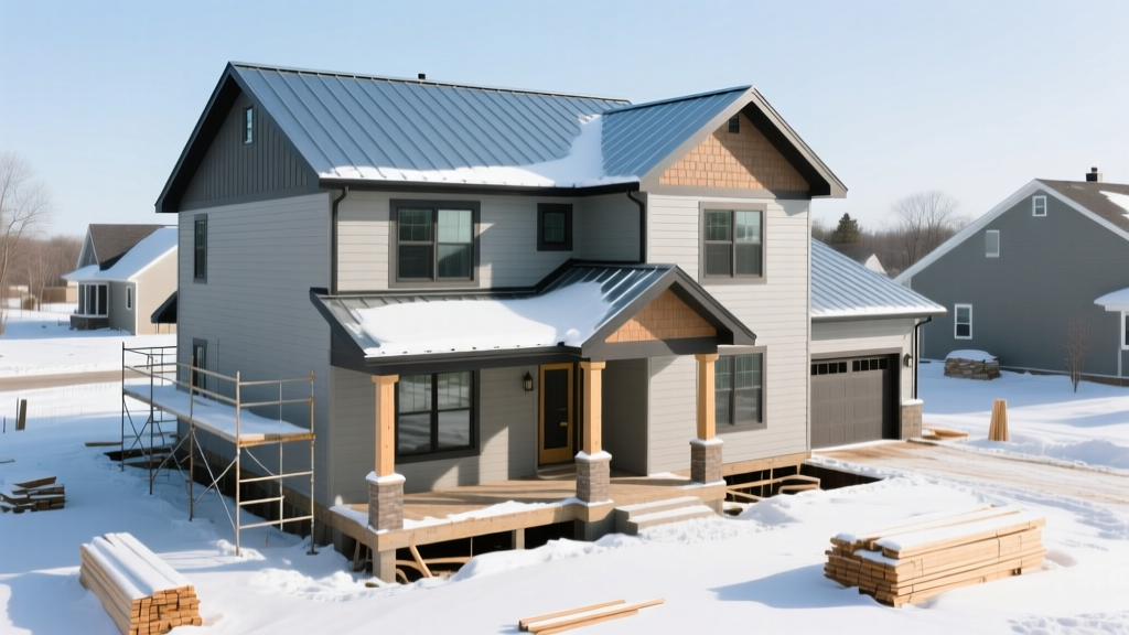 Modern two-story craftsman home with James Hardie fiber cement siding and standing seam metal roof being built in a snowy Wisconsin suburban lot