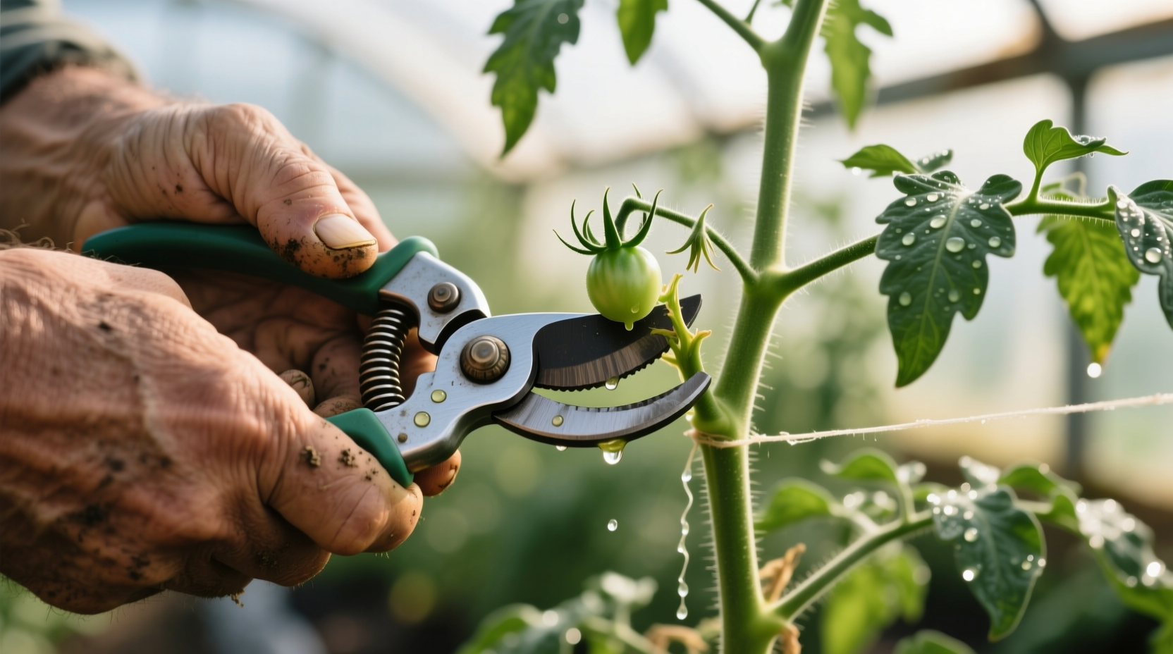 Close-up of hand pruning tomato suckers with bypass pruners