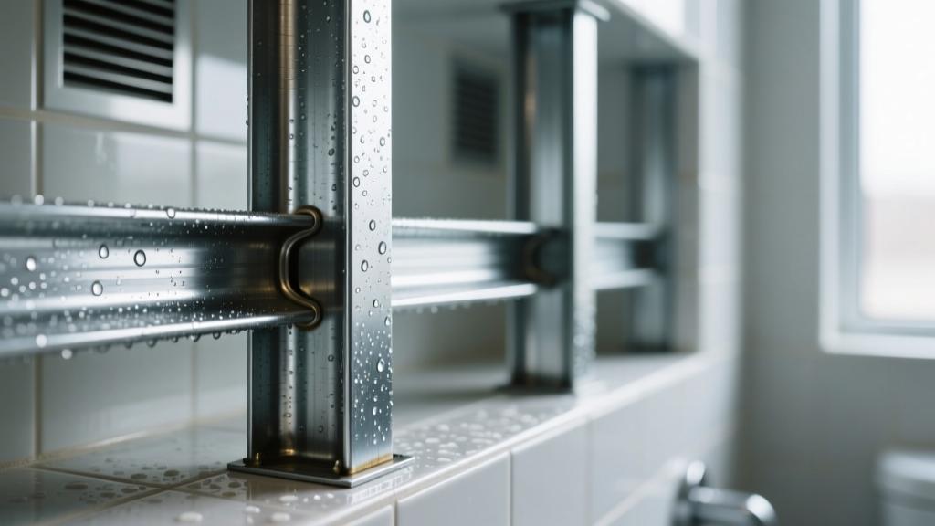 Close-up of galvanized 12 gauge steel framing studs with zinc coating, installed in a high-humidity commercial bathroom wall cavity.