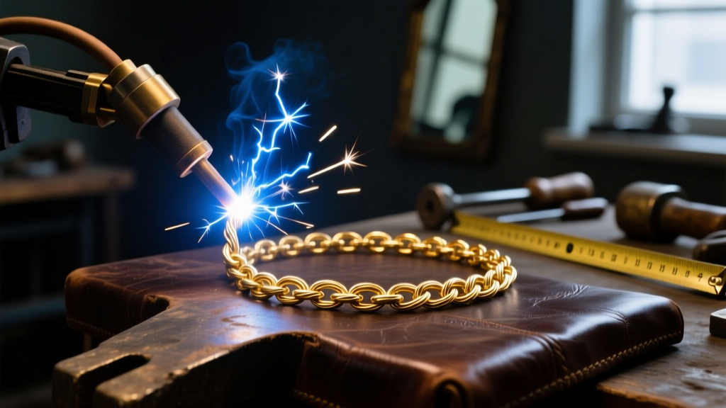 Pulse arc welder sparking on a delicate 14k gold cable chain, resting on a dark leather jeweler bench in a dimly lit studio.