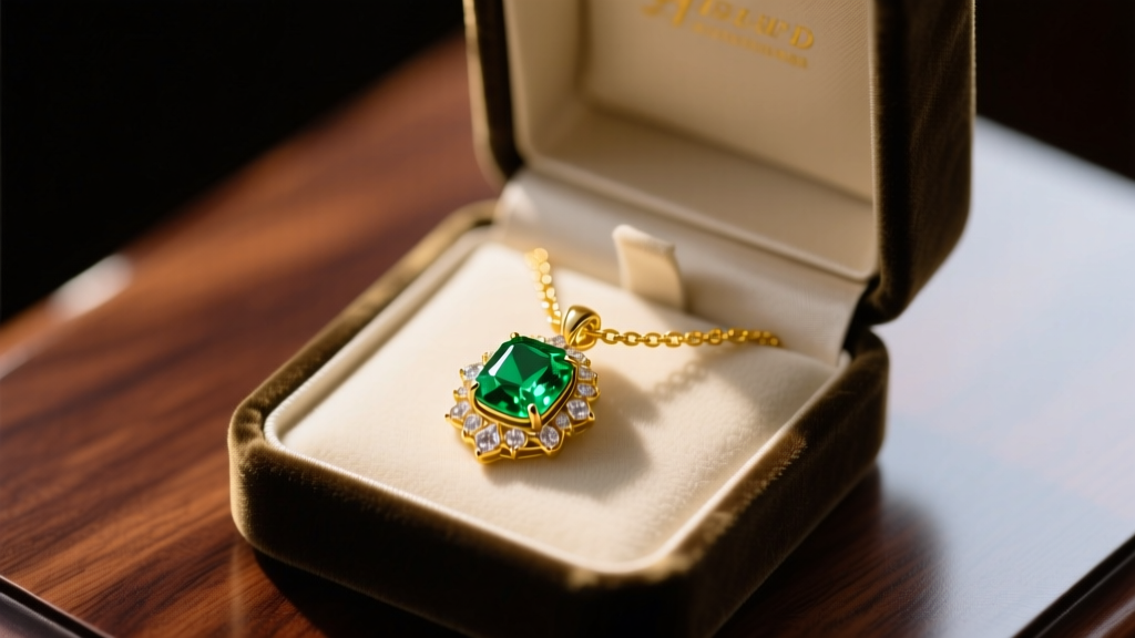 Open velvet box revealing a vivid emerald pendant on an 18k yellow gold chain, resting on mahogany under soft cinematic lighting.