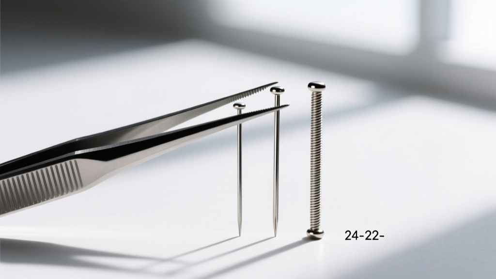 Tweezers holding 20, 22, and 24-gauge steel headpins for earrings, showing wire thickness against a clean white background.