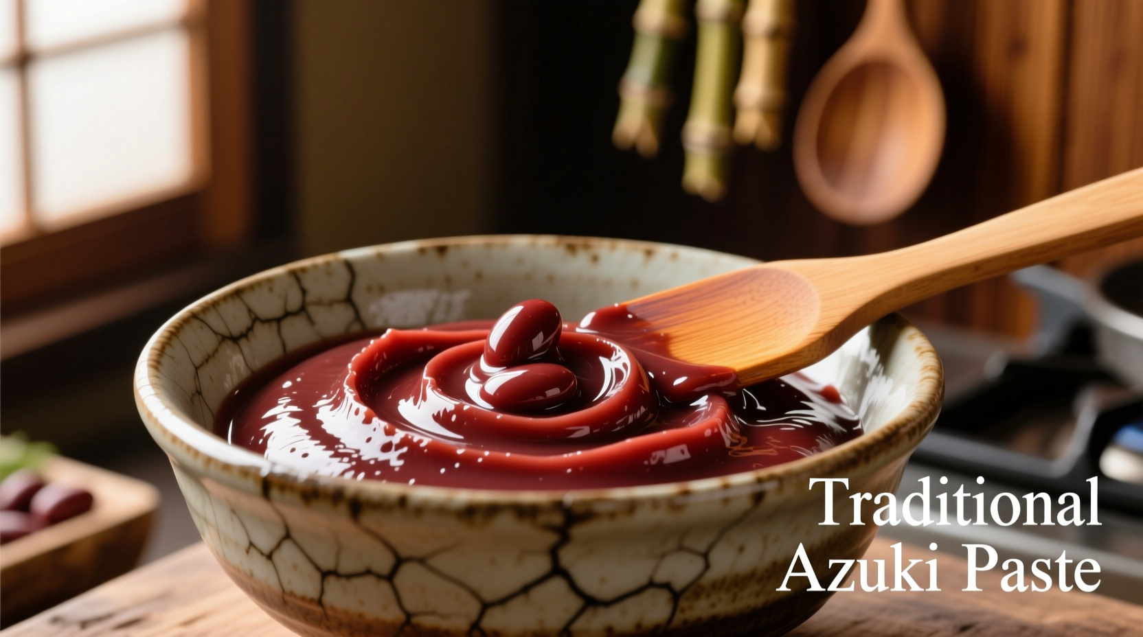 Close-up of smooth red bean paste in traditional ceramic bowl