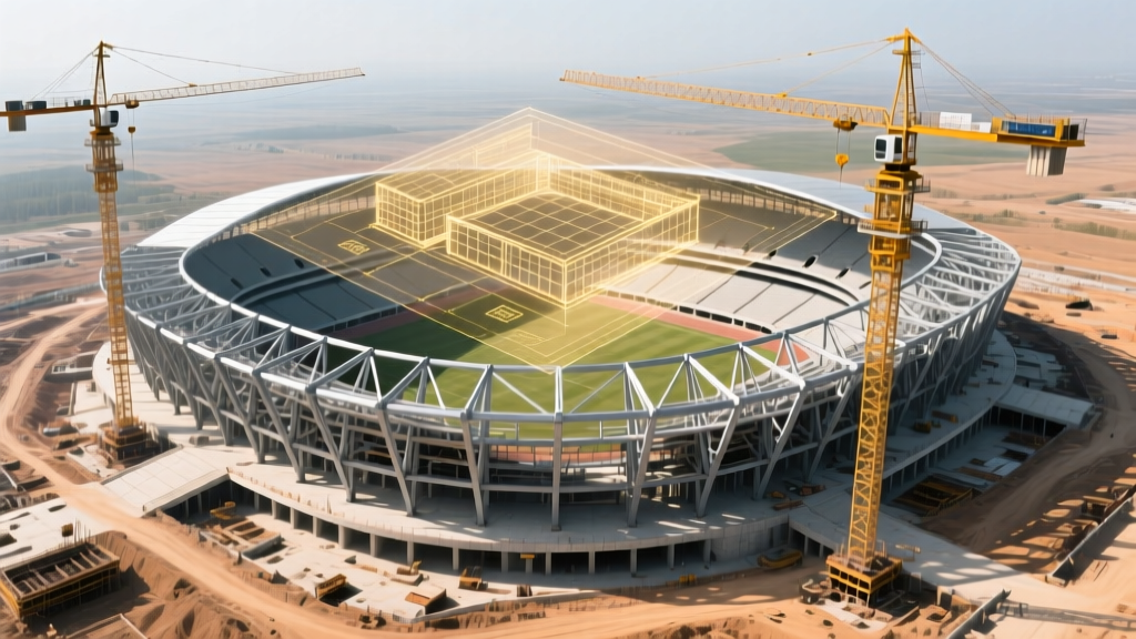 Aerial view of a massive modern sports stadium under construction with cranes, steel beams, and a financial blueprint overlay.
