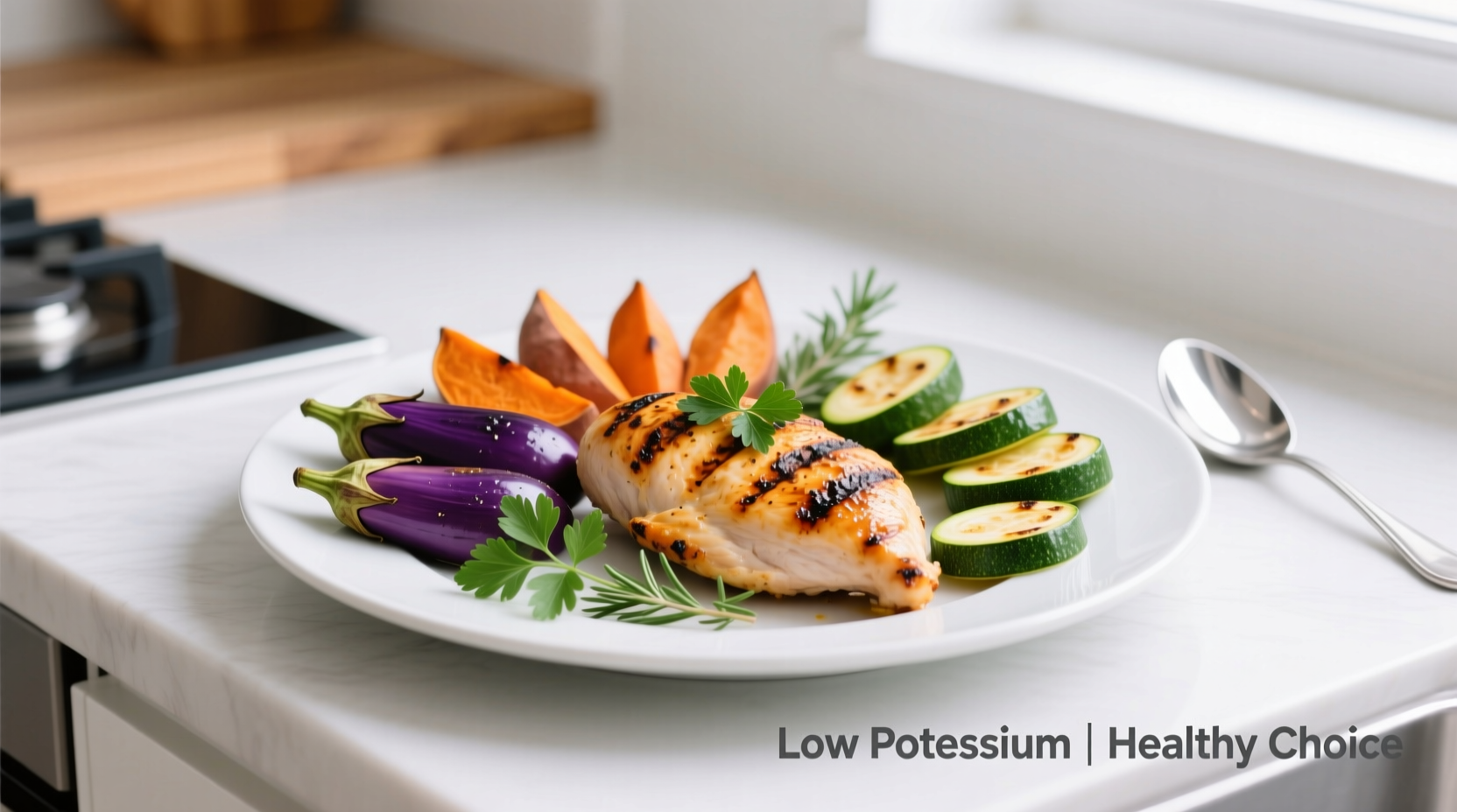 Colorful low-potassium meal plate with grilled chicken