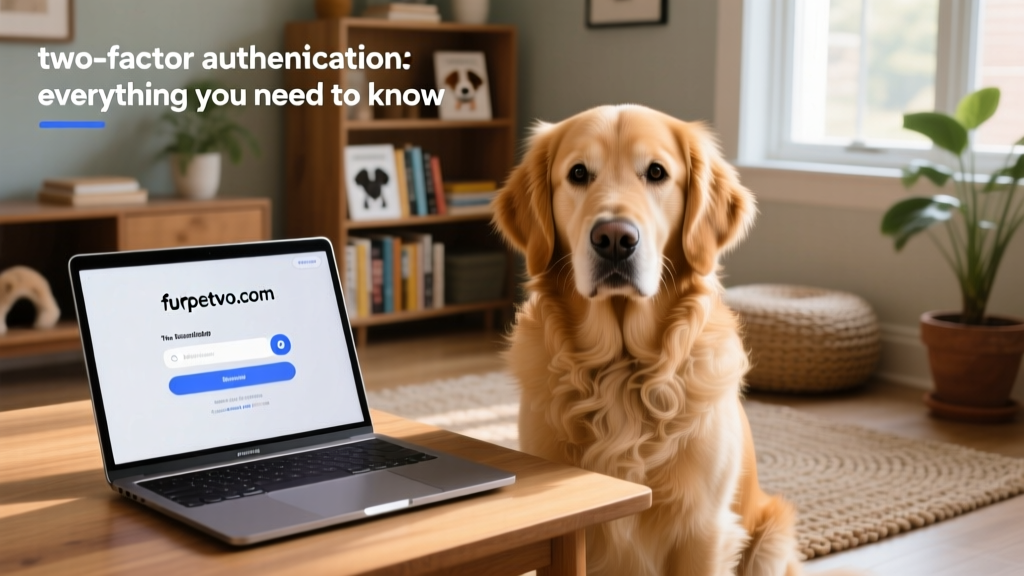 Illustration of a friendly dog sitting beside a laptop displaying the furpetvo.com login screen