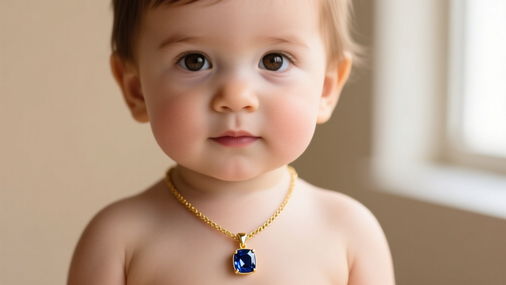 Close-up of a toddler wearing a 14k gold chain with a bezel-set sapphire birthstone pendant in soft natural light.