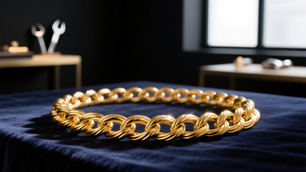 Close-up of a knotted 14k gold cable chain on dark velvet, lit by a warm spotlight in a professional jeweler studio environment.