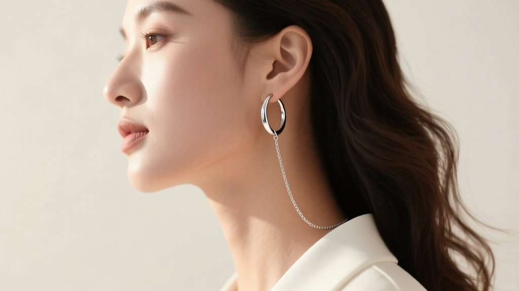 Side profile of a woman wearing silver threader hoop earrings, the delicate chain swaying against her neck in soft natural light