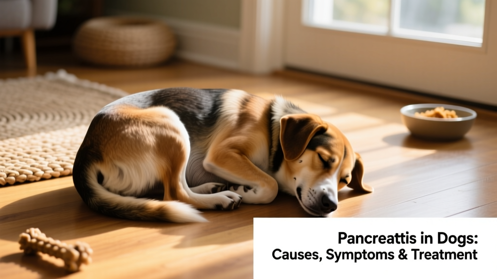 A dog curled up uncomfortably with arched back, showing signs of abdominal discomfort