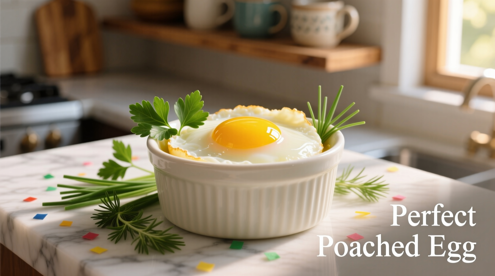Perfect poached eggs in ramekin with herbs