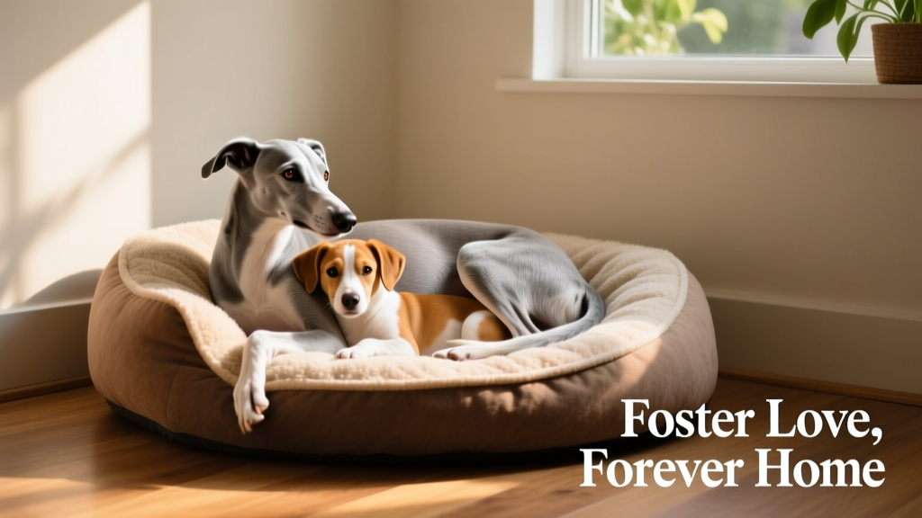 Louie the Greyhound gently curled up beside a small, tan-and-white mixed-breed foster dog in a cozy dog bed