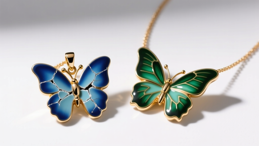 Close-up of chipped cold-enamel butterfly pendant next to pristine vitreous enamel butterfly necklace under bright studio lighting