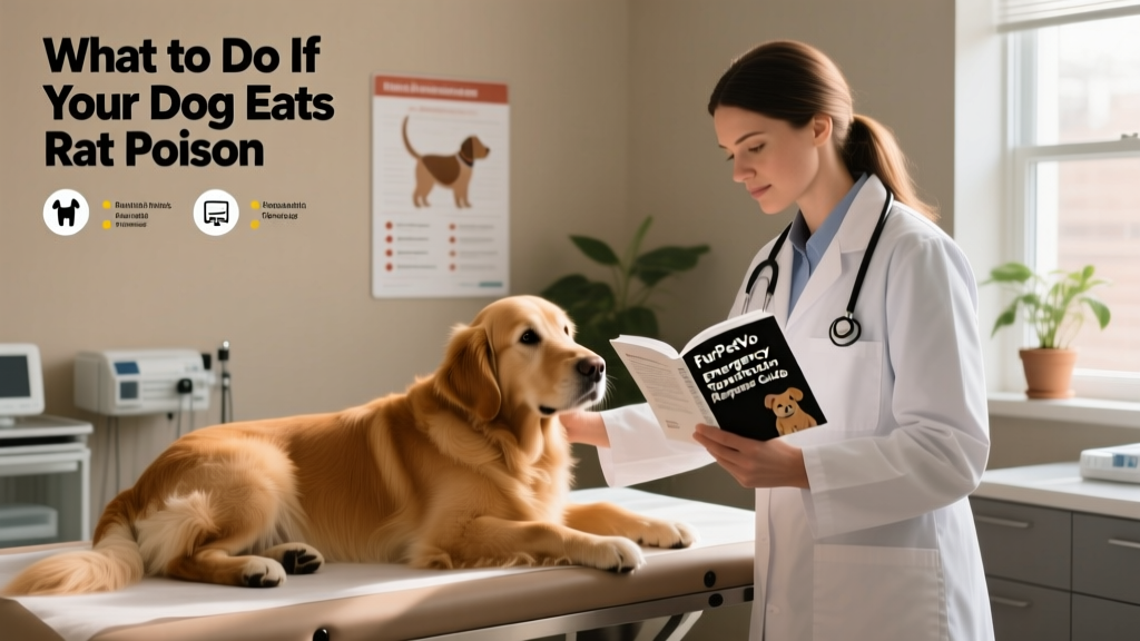 Veterinarian examining a dog in an exam room while holding a FurPetVo emergency toxin response guide