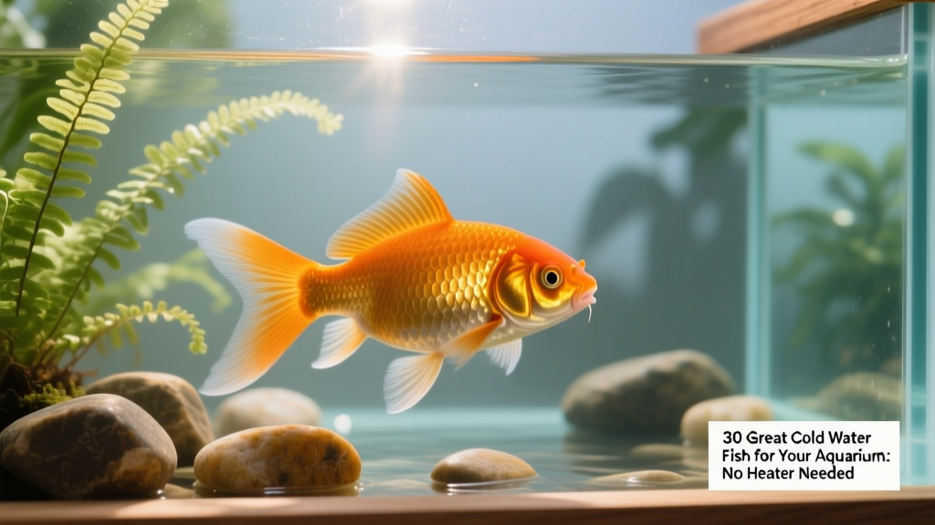 Close-up of a goldfish gracefully swimming near smooth river stones and live java fern in a planted cold water tank