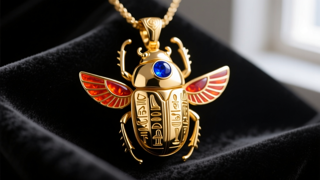 Close-up of an 18k gold ancient Egyptian jewelry scarab pendant with inlaid lapis lazuli and carnelian on dark velvet fabric.