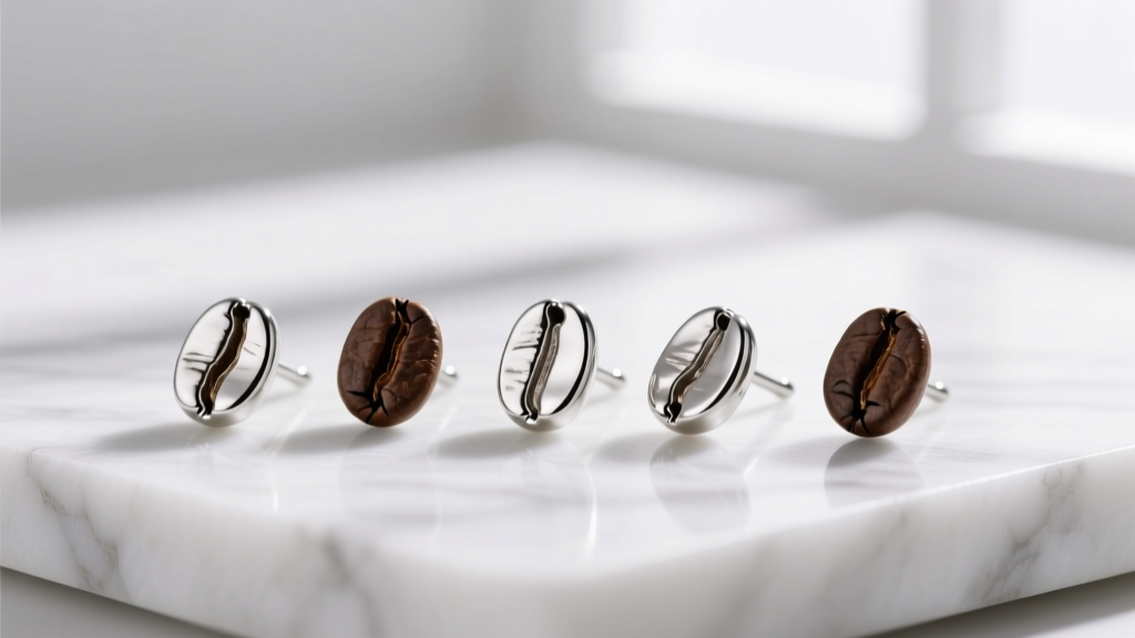 Macro shot of 5mm sterling silver coffee bean stud earrings with high-polish finish, resting on a minimalist white marble surface