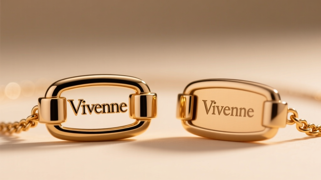 Close-up of a genuine Vivienne necklace lobster clasp showing deep logo engraving beside a fake etching in soft warm lighting.