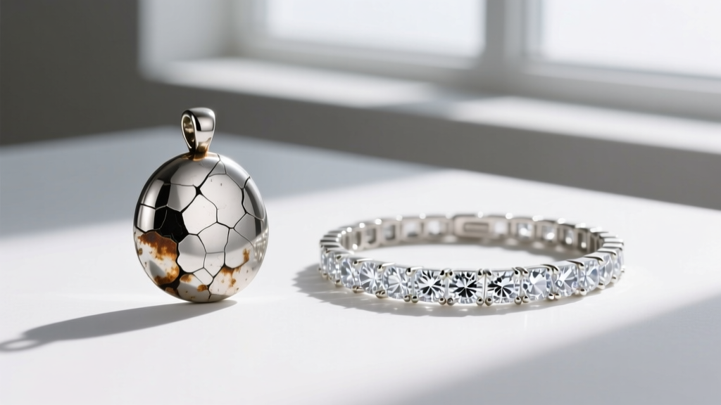 Side-by-side view of a heavily tarnished, flaking silver-plated pendant and a pristine, well-maintained cubic zirconia bracelet