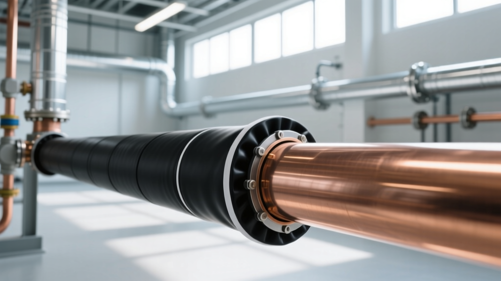 Black elastomeric rubber pipe insulation sealed with adhesive on copper chilled water lines in a bright commercial mechanical room