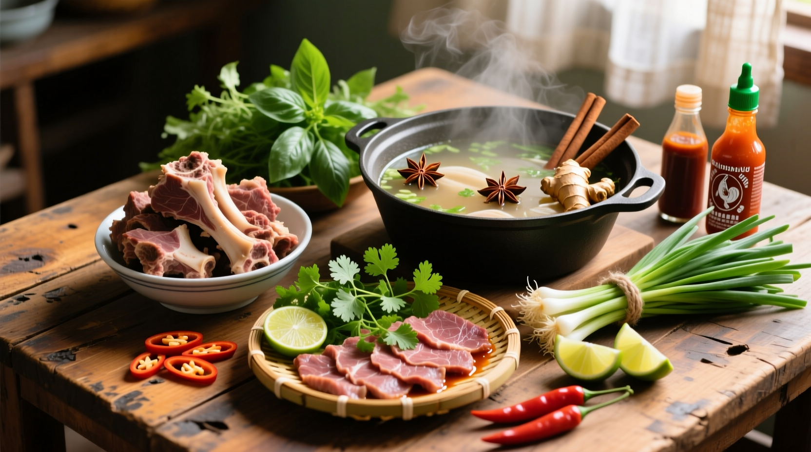 Homemade pho ingredients on wooden table