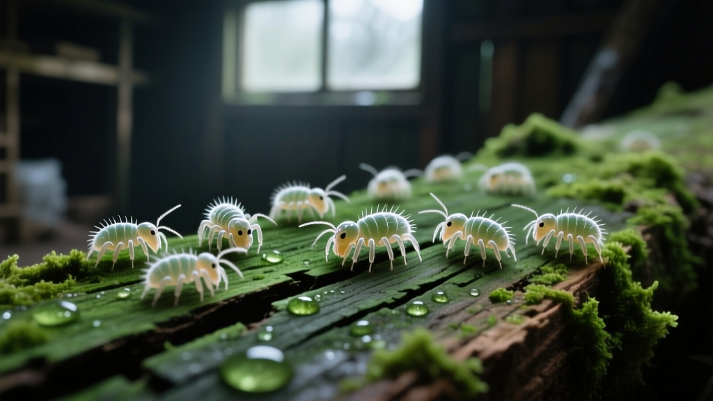 Macro view of tiny translucent mold mites crawling over damp, green-stained Douglas fir framing lumber in a storage shed