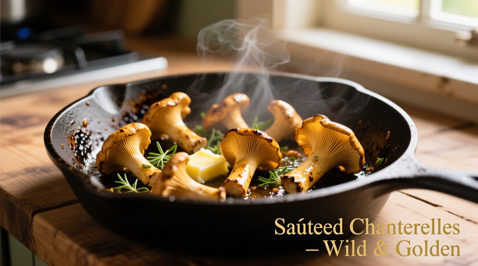 Golden chanterelle mushrooms sautéing in a cast iron skillet