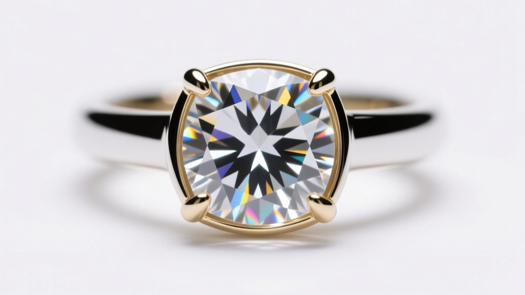 Close-up of a diamond in a white gold illusion setting, showing mirrored metal edges blending with the stone facets