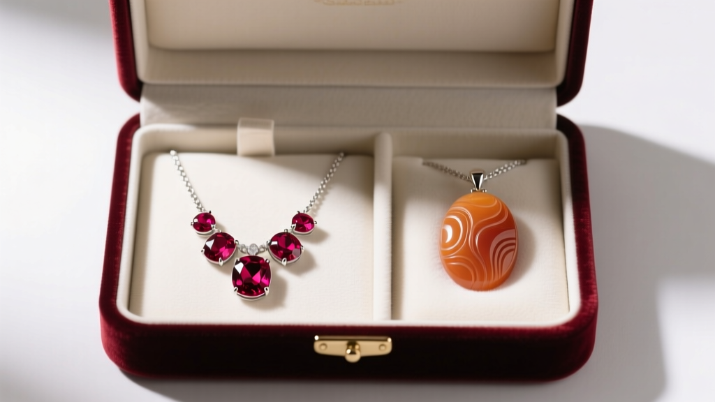 Velvet-lined jewelry box storing a ruby necklace and carnelian pendant in separate compartments to prevent surface gem scratches.