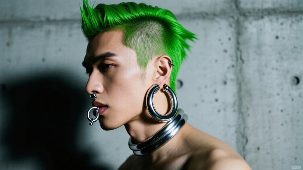 Male model with bright green hair wearing thick silver industrial barbells and heavy hoop earrings in moody lighting.