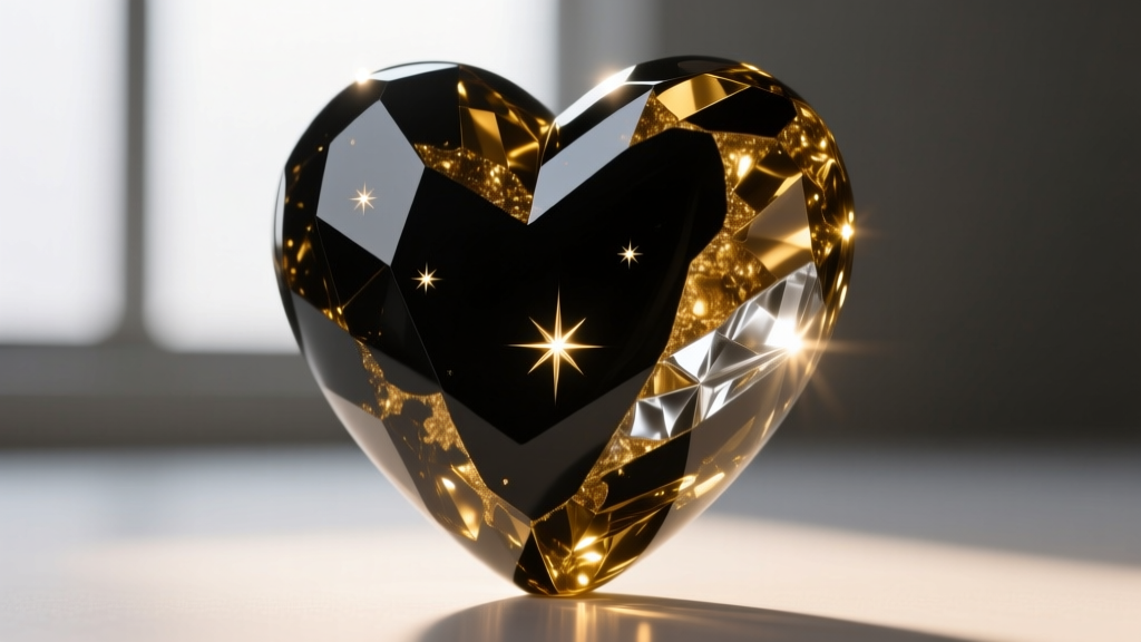 Macro shot of a gold sheen obsidian heart carving displaying metallic inclusions and glassy luster under warm directional lighting.