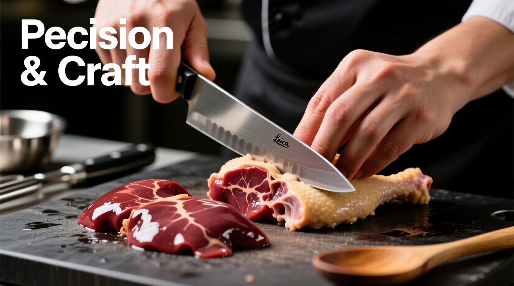 Chef trimming connective tissue from chicken livers