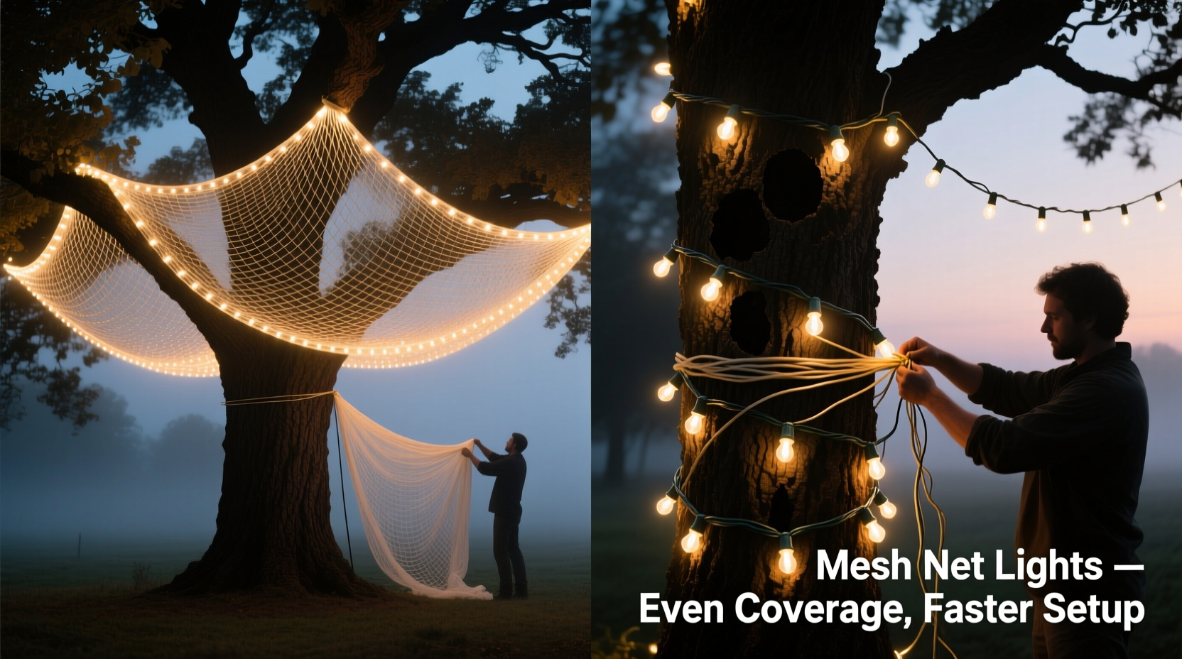 mesh net lights vs string lights which covers a tree more evenly and quickly