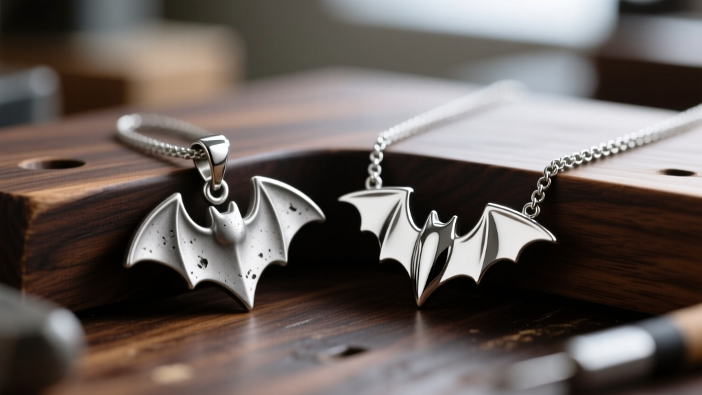 Macro shot comparing a dull pewter bat pendant next to a polished 316L surgical steel bat necklace on a dark wooden workbench.