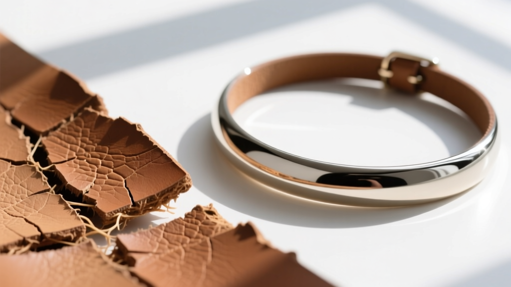 Macro shot showing the fibrous texture of split leather next to the smooth, uniform finish of a top-grain leather necklace strap