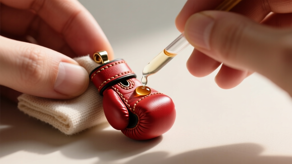 Hands applying a drop of clear leather conditioner onto a miniature red leather boxing glove pendant using a soft microfiber cloth