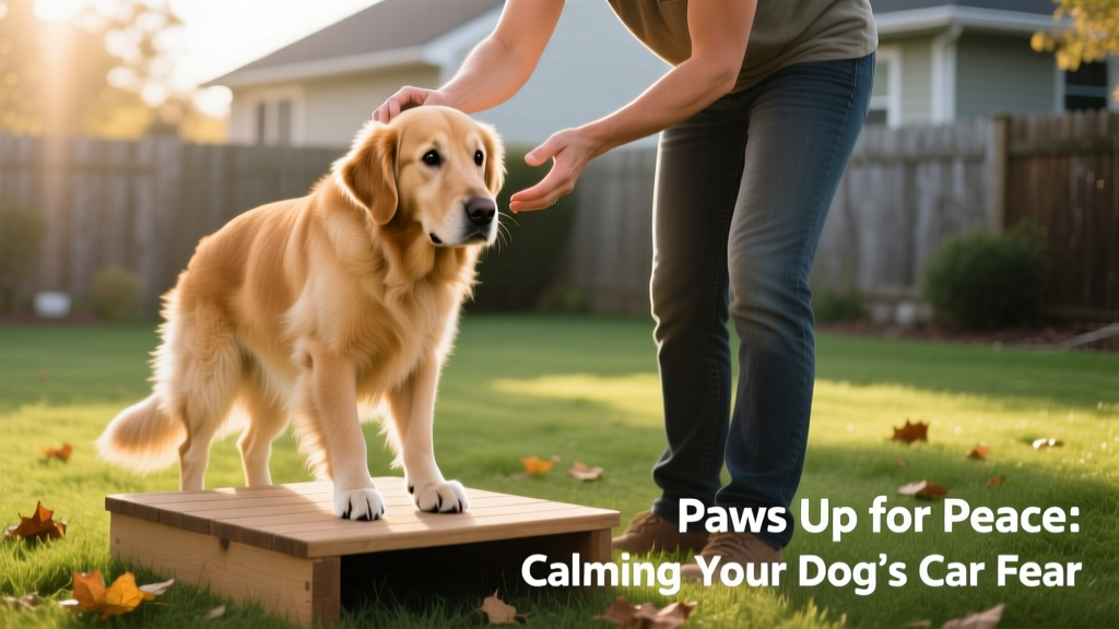 A trainer gently guiding a dog's front paws onto a low, stable platform during 'paws up' training