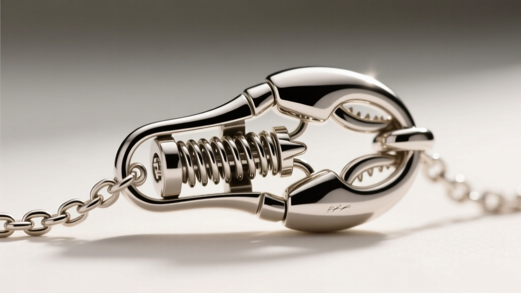 Extreme close-up of a cast sterling silver lobster clasp attached to a delicate box chain, showing the internal spring mechanism housing.