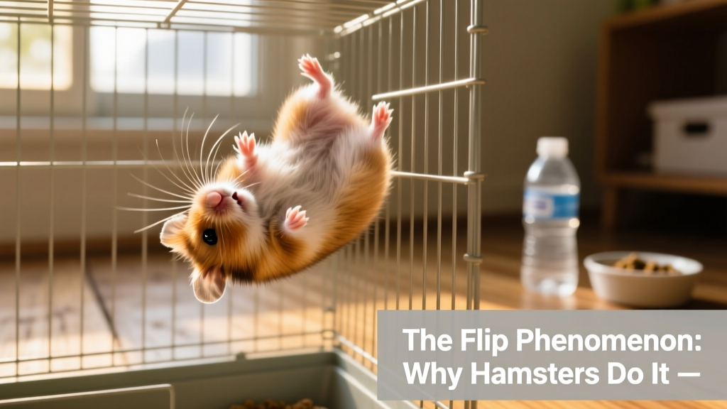 Close-up of a hamster mid-backflip inside a bare, cramped cage