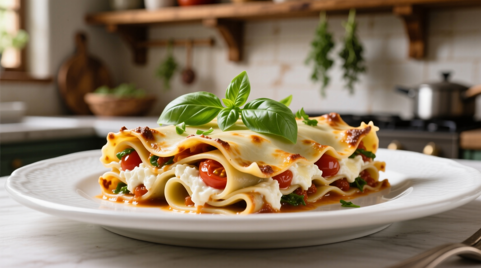 Lasagna roll-ups with fresh basil garnish on white plate