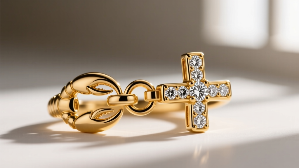 Close-up of a 14k gold lobster clasp and soldered jump ring connecting to a diamond-cut cross bail under a jeweler's loupe.