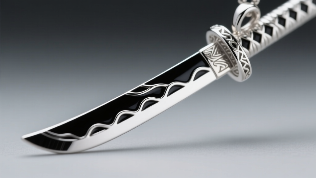 Macro photography of a 925 sterling silver Zangetsu sword pendant featuring black cold enamel detailing on the blade edge.
