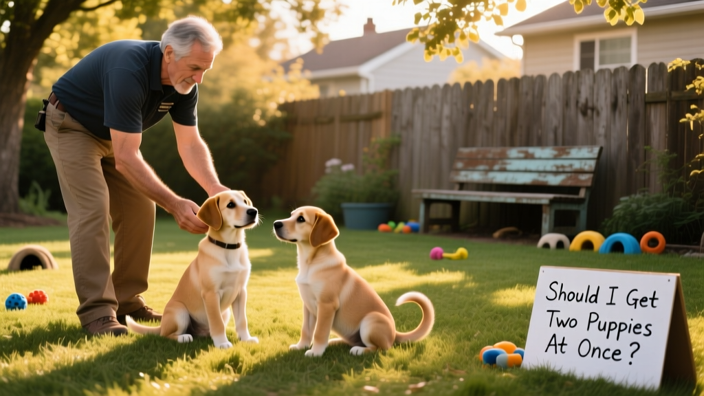 A trainer guiding two calm, attentive puppies through a basic sit-and-stay exercise in a sunny backyard
