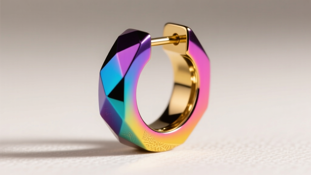 Macro shot of an anodized titanium gay earring showing a vibrant rainbow pride gradient and smooth polished metal surface texture