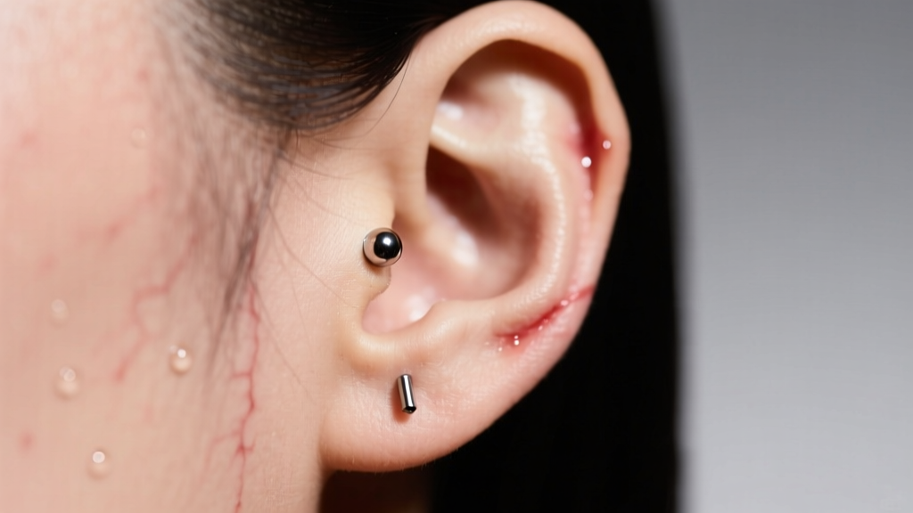 Close-up of a fresh earlobe piercing wearing an 18-gauge titanium labret stud, soft studio lighting highlighting the skin texture.