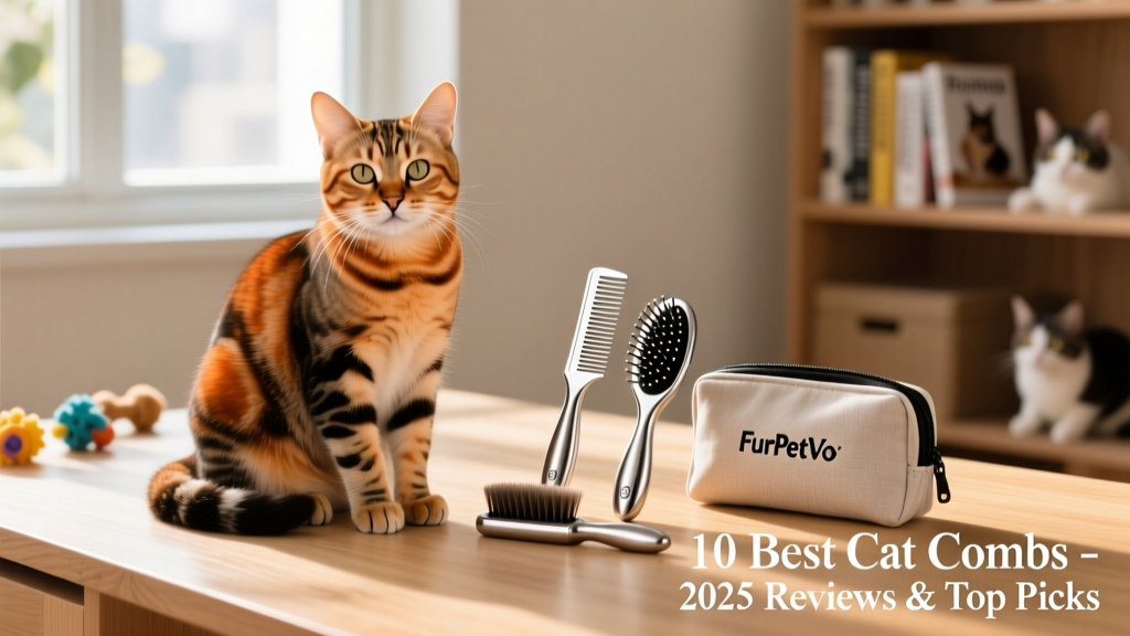 Happy tabby cat sitting beside a neatly organized FurPetVo grooming kit with comb, brush, and storage pouch
