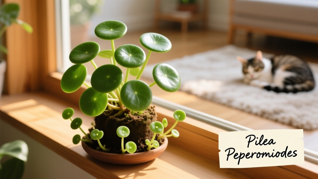 A vibrant Pilea Peperomioides on a sunlit windowsill, with several small 'pup' offsets visible around the base