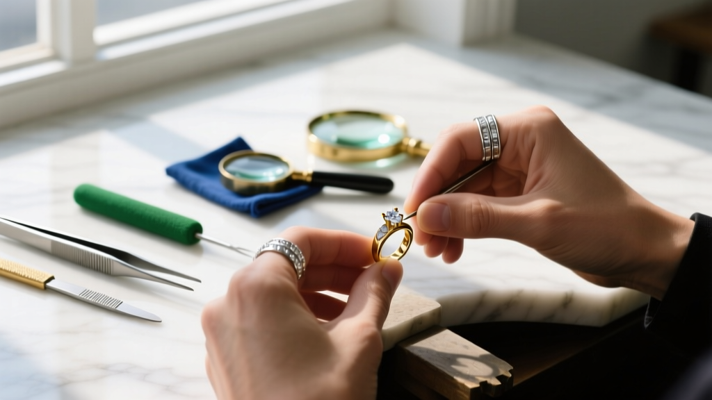 Jeweler's loupe examining 925 and John Hardy hallmarks stamped on the clasp of a vintage silver cross chain in bright light.