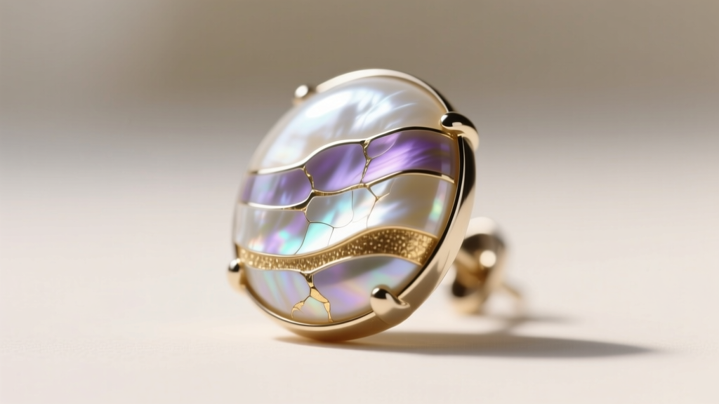 Macro view of iridescent nacre layers on a genuine 1940s mother of pearl cabochon earring, lit by bright, natural daylight.
